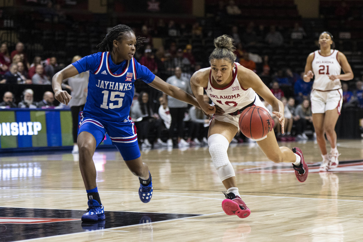 Mar 11, 2022; Kansas City, MO, USA; Oklahoma Sooners guard Kelbie Washington (10) handles the ball while defended by Kansas Jayhawks guard Zakiyah Franklin (15) in the first half at Municipal Auditorium. Mandatory Credit: Amy Kontras-USA TODAY Sports